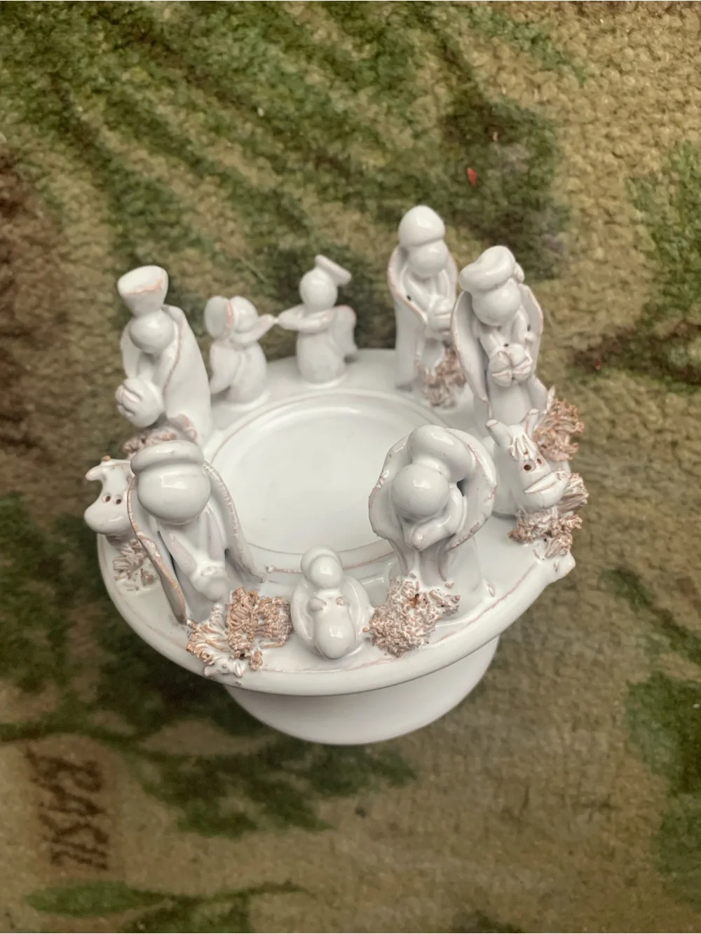 White Italian Ceramic Nativity Candle Holder with Gold Accents
